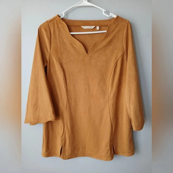 Soft Surroundings Tops - Soft Surroundings 3/4 bell sleeve tan top scalloped neck women's XS boho